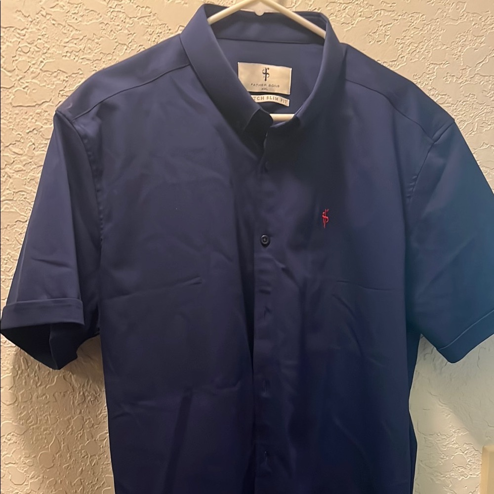 Navy Blue Casual Button Down Shirt with Red Emblem
